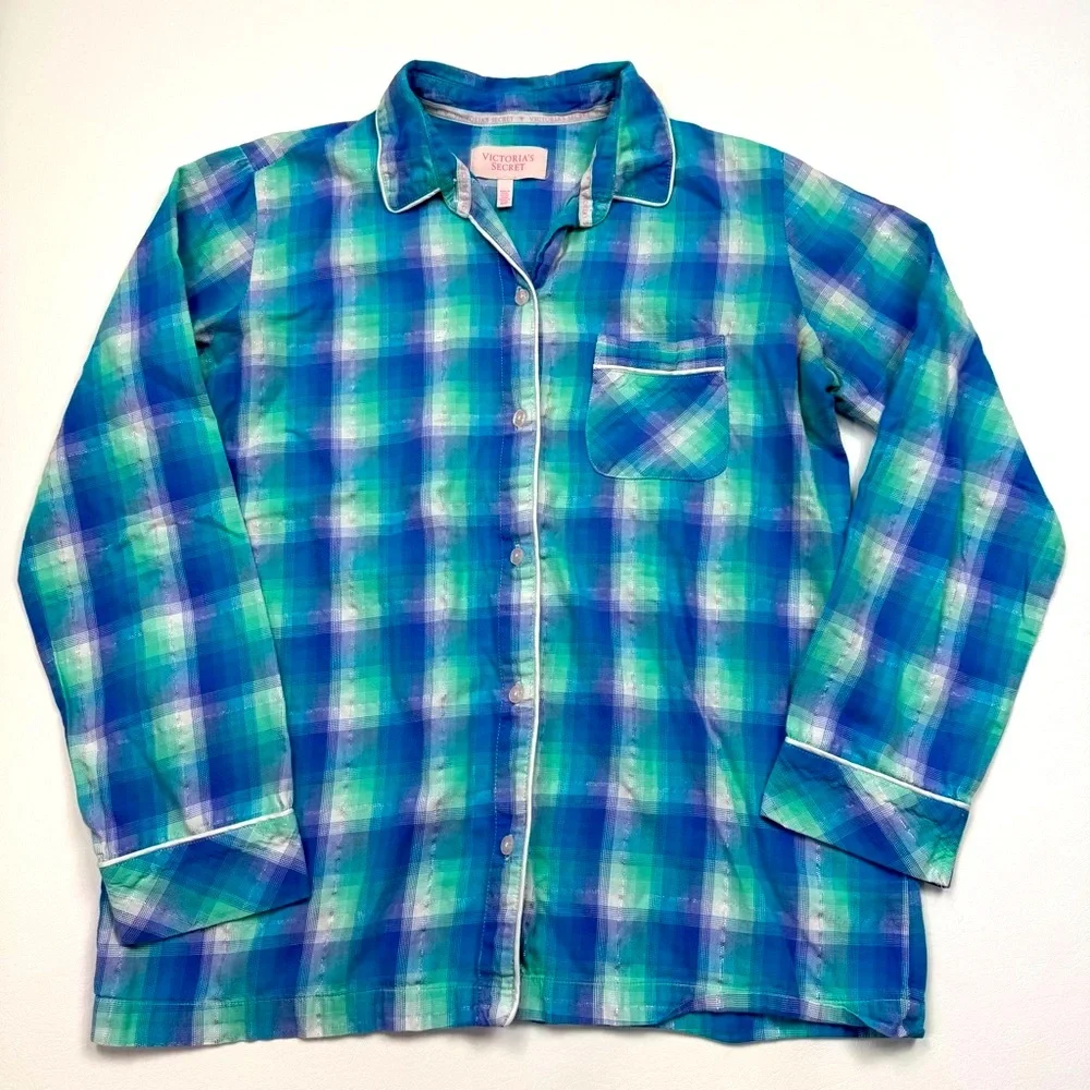 Victoria's Secret Blue and Green Plaid Classic 2 Piece Pajama Set Size Small - Picture 5 of 6